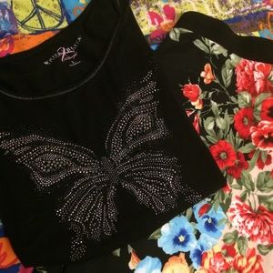 Outfit. Black butterfly tee and floral skirt